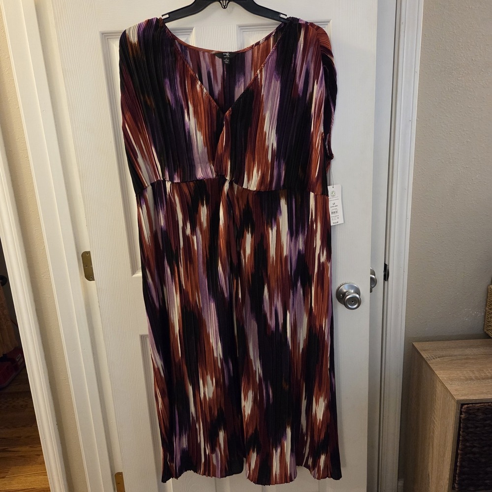 Terra & Sky Black Label sz 1X plisse midi dress brushed ikat artsy chic NWT